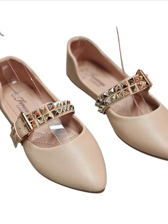 Studded Metallic Strap Beige Pointed-Toe Flats For Girls - Comfortable & Stylish - Picture 8 of 10